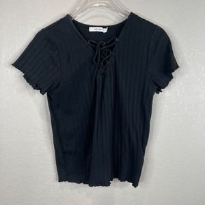 Moussy Womens Tee Top Free Size Black Lace Up Short‎ Sleeve Ribbed Lettuce Edge